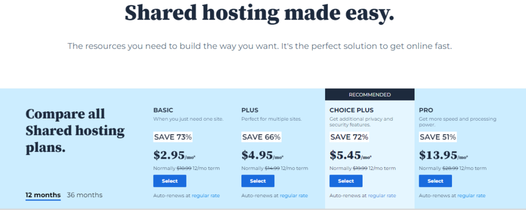 Squarespace vs Bluehost: Bluehost Shared Hosting Pricing