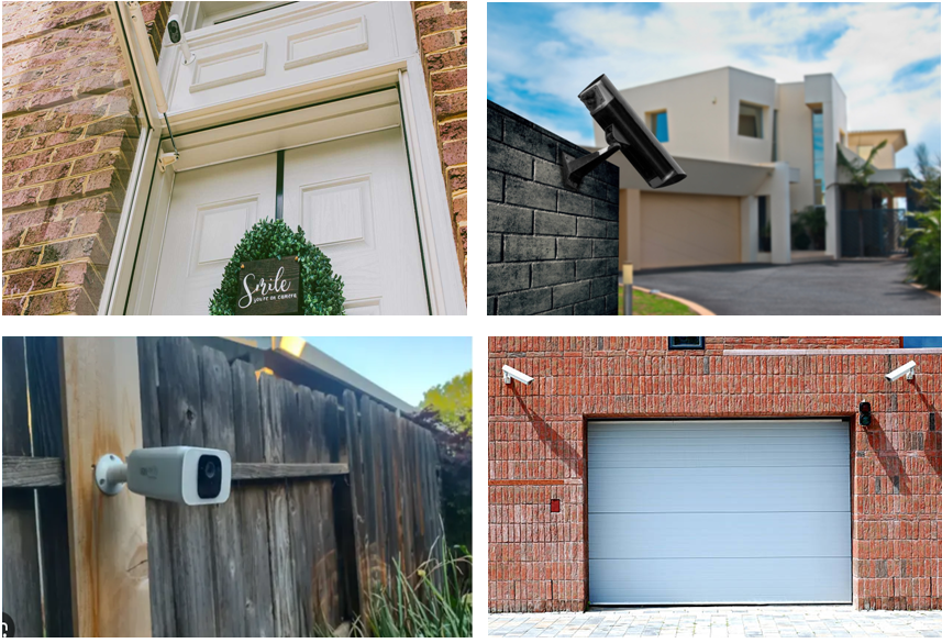 How to Install SimpliSafe Outdoor Camera: Camera Mounted Above House Front Door (Top-Left), Camera Overlooking the Driveway (Top-Right), Camera Mounted Overlooking Backyard  (Bottom-Left), Camera Mounted Above Garage Entry (Bottom-Right). 