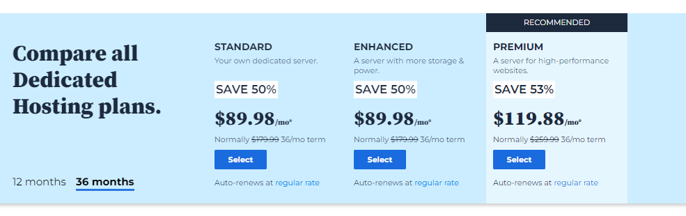 Squarespace vs Bluehost: Bluehost Dedicated Pricing